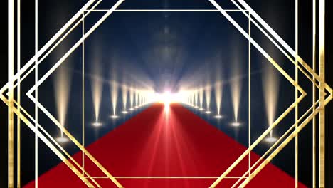 Animation-of-gold-line-pattern-over-red-carpet-venue,-with-rows-of-spotlights