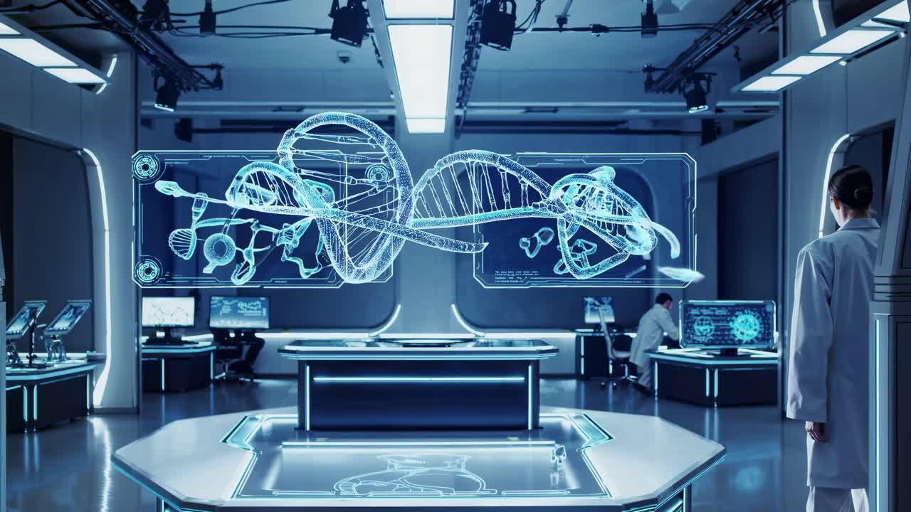 Futuristic lab with holographic DNA visuals, shot from a wide angle