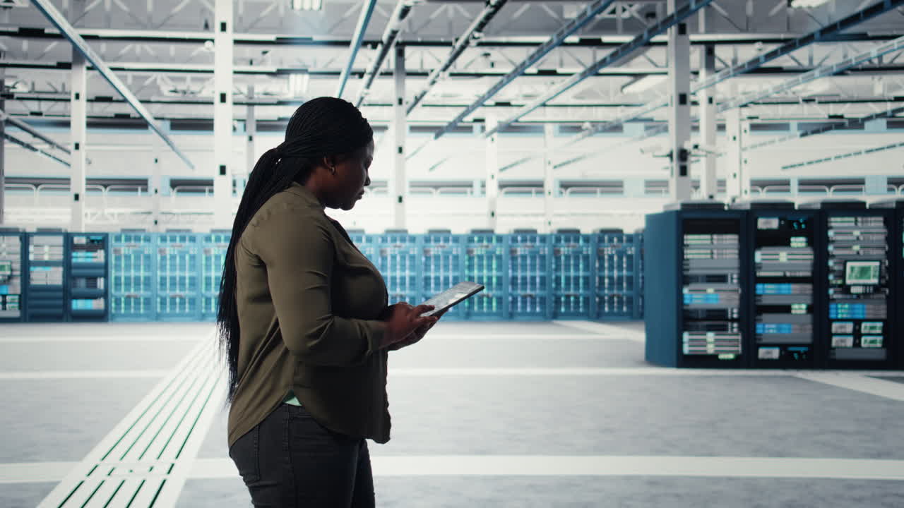 Smiling engineer walking in data center with laptop, checking hardware