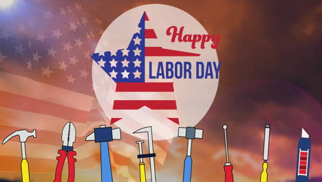 animation of happy labor day text, stars and stripe star and tools, over american flag and sunset