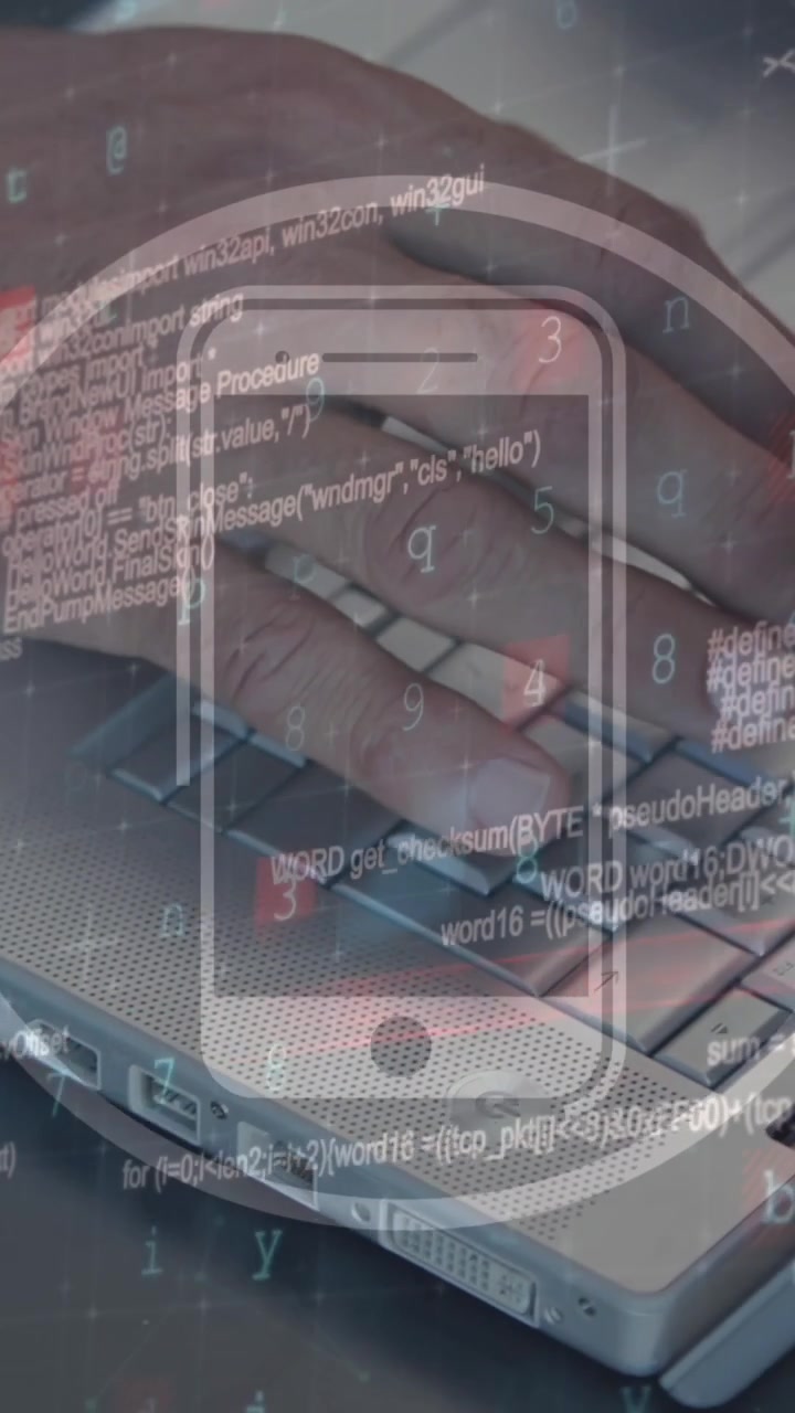 Animation of smartphone icon and data processing against mid section of man using laptop at a cafe