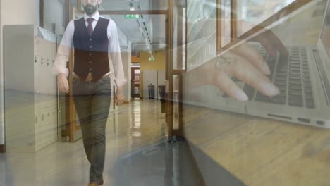 animation hands of woman working on laptop over businessman walking in office corridor