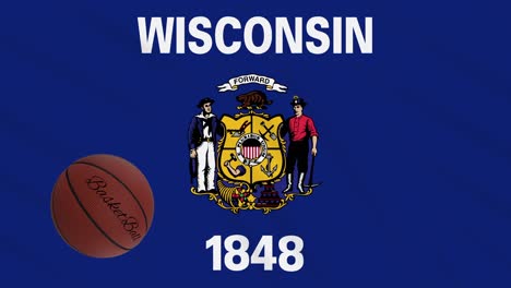 wisconsin flag waving and basketball ball rotates, loop