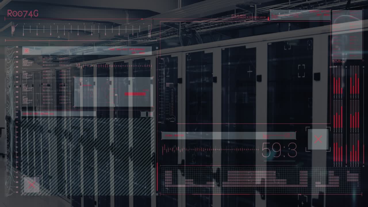 Animation of digital screen with data over servers