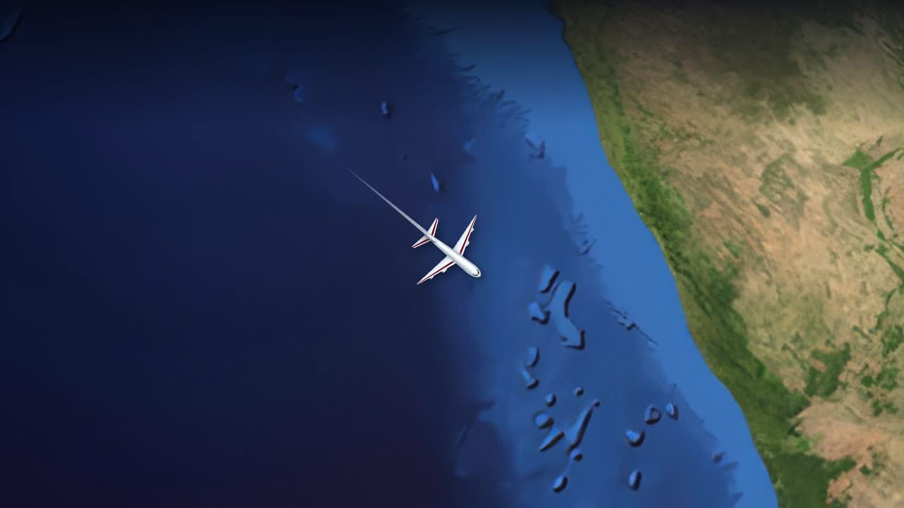Satellittvisningsanimasjon sporer et kommersielt fly som flyr fra Dubai over hav til Melbourne, Australia