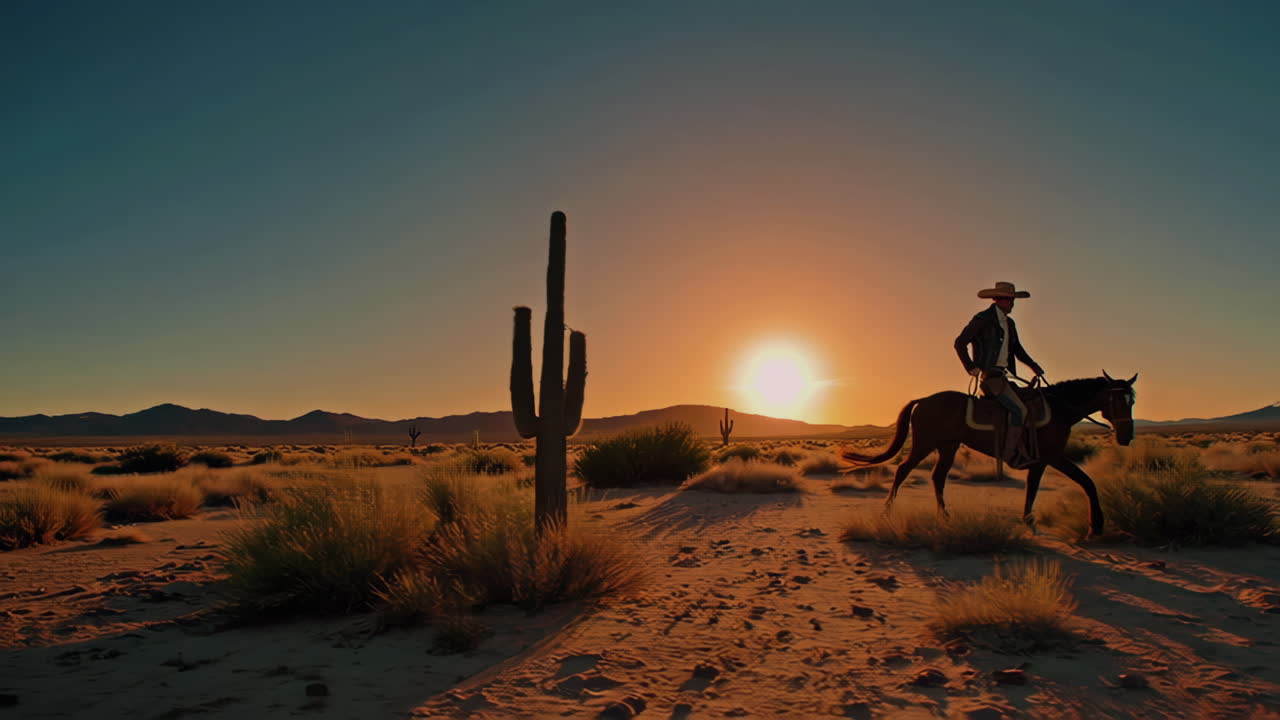 Cowboy Riding Horse in a Desert Landscape at Sunset