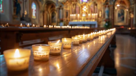 soft glowing votive candles lining wooden church pew, casting gentle illumination near blurred religious altar and sacred icons, revealing contemplative spiritual environment