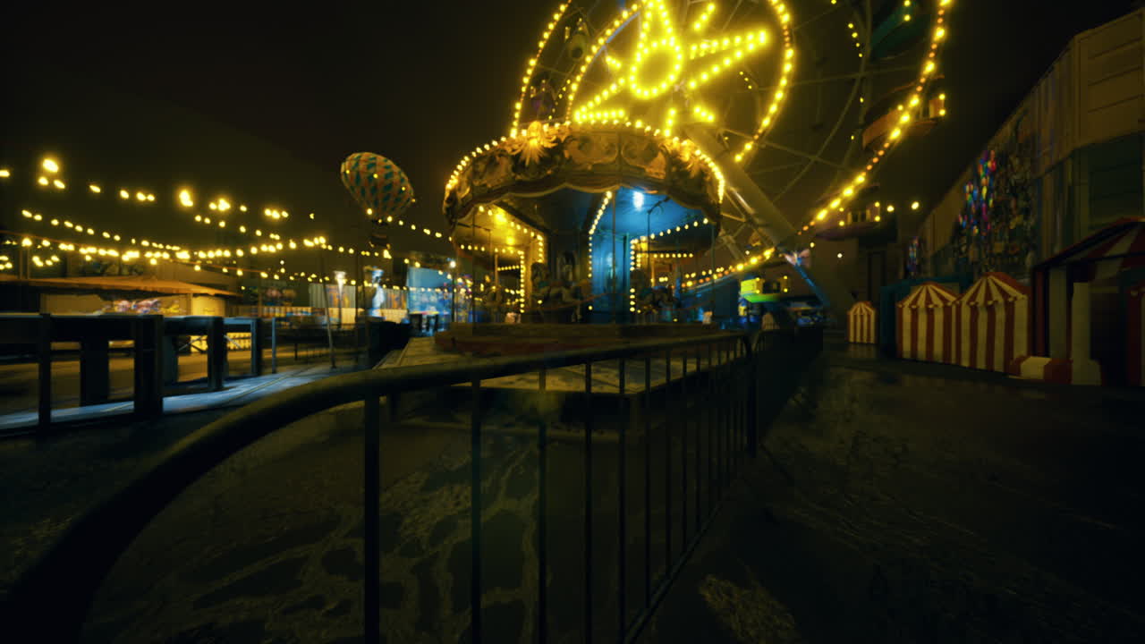 Festive night at the amusement park with illuminated rides and attractions