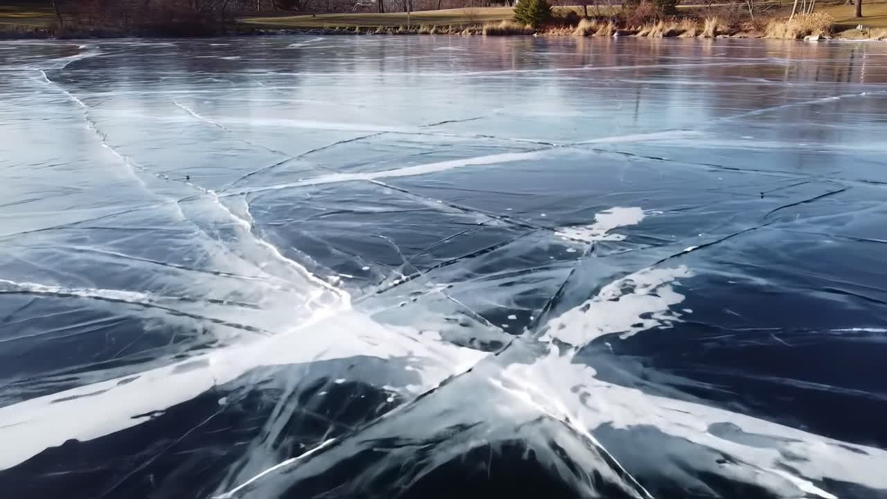 Ice Surface Patterns: Captivating Visuals of Cracked and Crisscrossed Frozen Water Creating a Stunning Natural Artwork in Winter