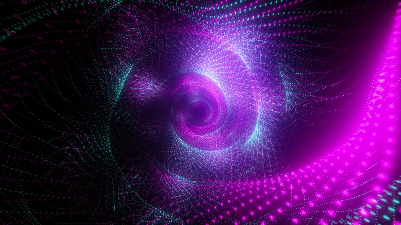 Abstract technological flight in digital space. Bright neon dots forming a data transmission tunnel. Modern ultraviolet blue purple light spectrum. Seamless loop 3d render