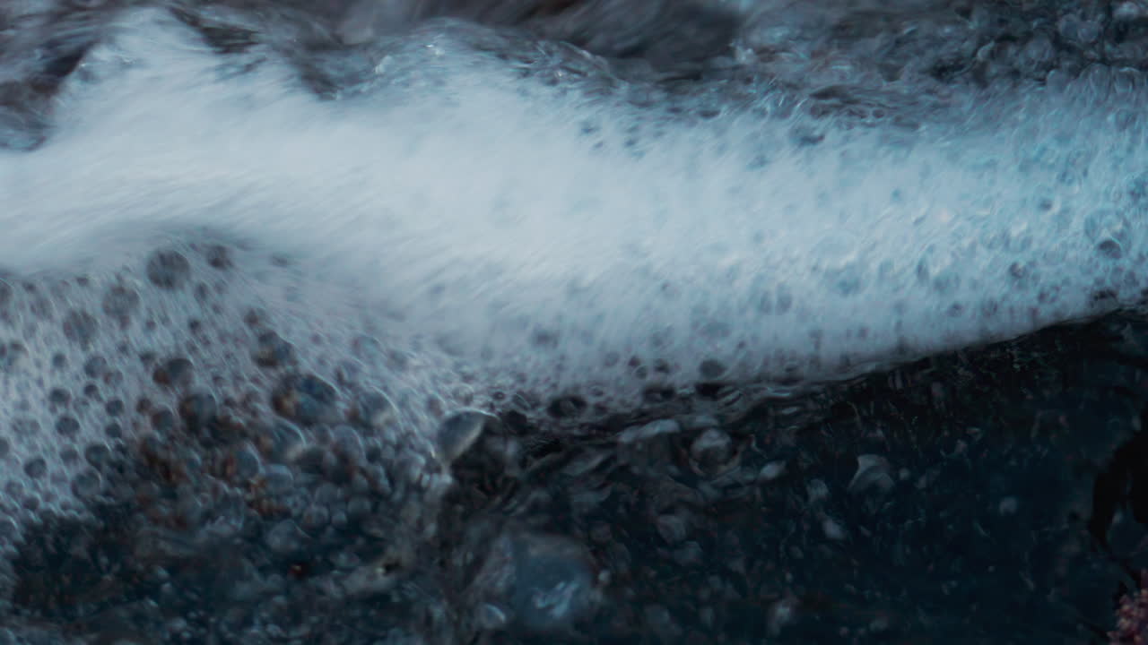 Close up of seawater swirling between coastal rocks, forming white foam and bubbles