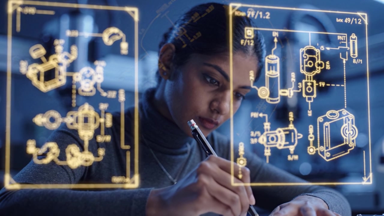 Focused Engineer Analyzing Technical Diagrams and Plans in a High-Tech Lab Environment with Machinery in Background, Showcasing Design and Precision Thinking