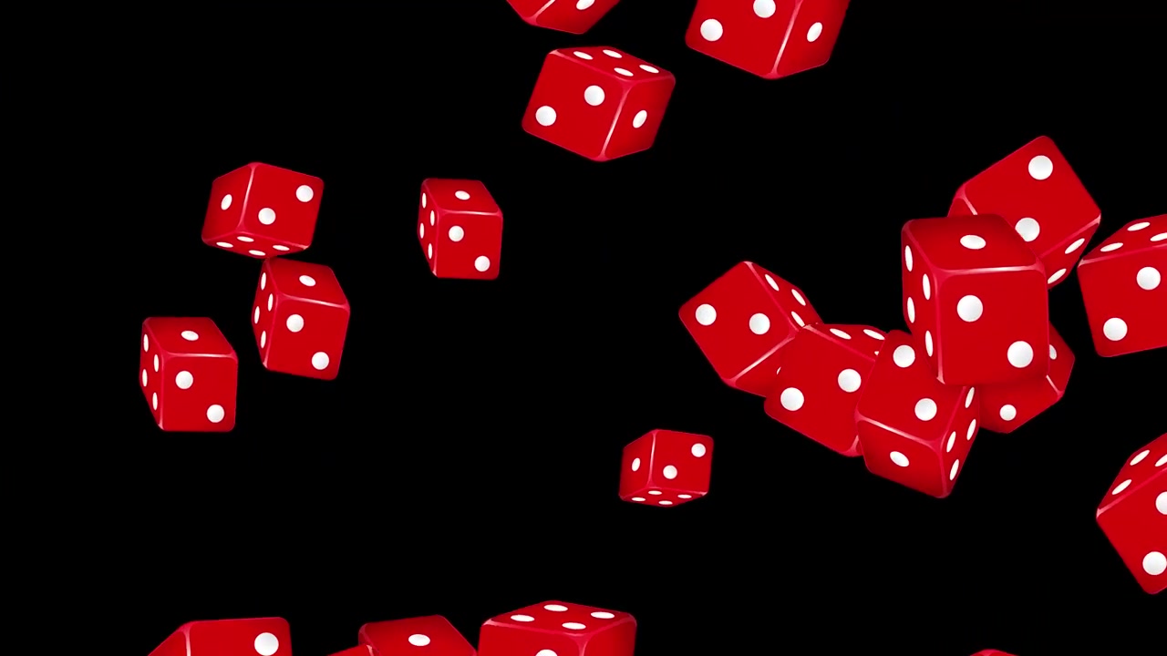 Animazione 3D dinamica di dadi da gioco rossi che esplodono e fluttuano attraverso uno spazio nero
