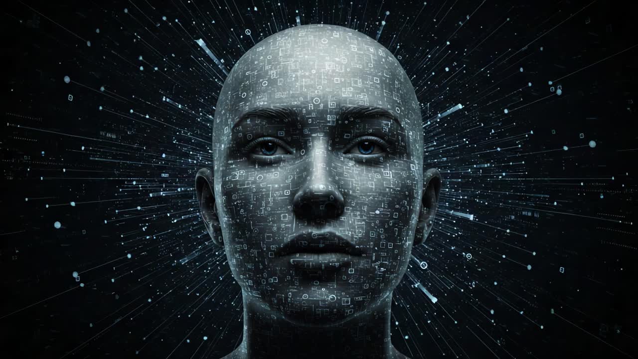 Esplorando l'intersezione tra tecnologia e umanità: una visualizzazione mozzafiato di un volto futuristico sovrapposto a rappresentazioni di dati digitali.