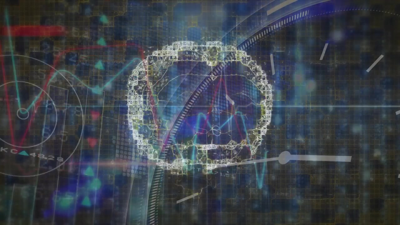 Animation of digital brain over data processing and moving clock on black background