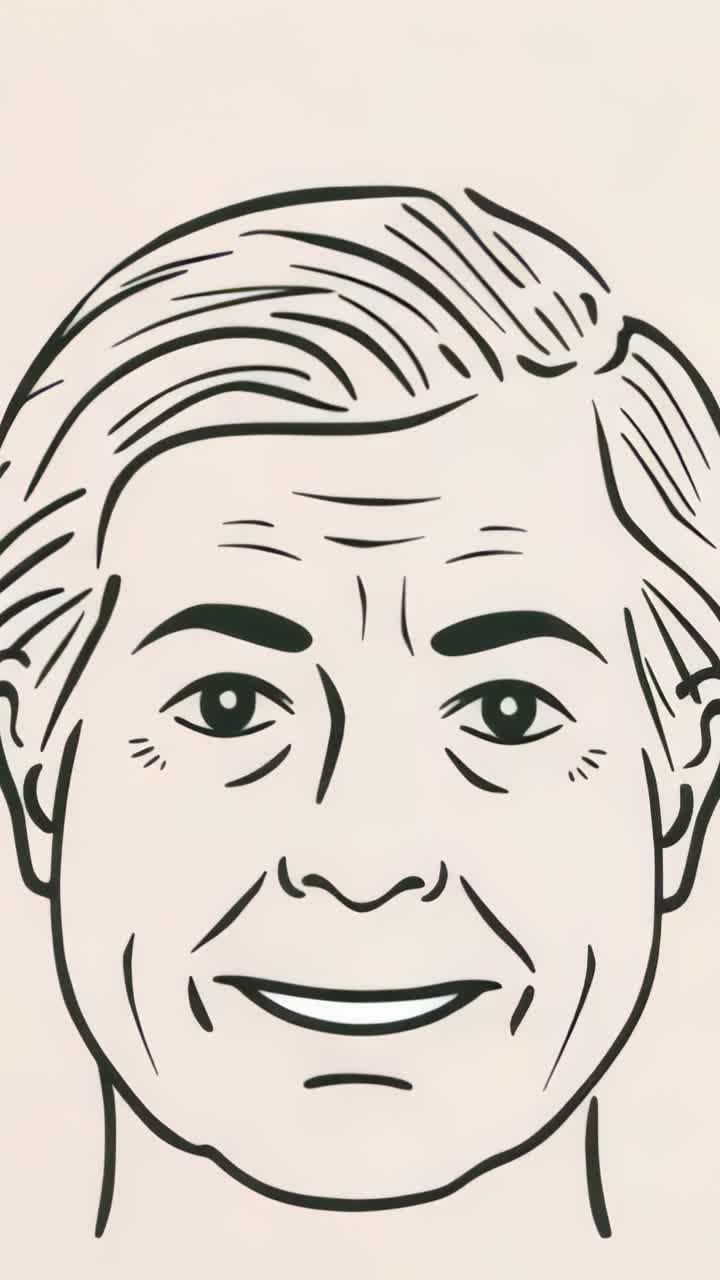 Vertical video: Curving mouth corners upward turning senior male face into smile on beige backdrop