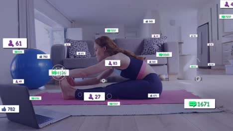 animation of media icons over caucasian woman exercising at home