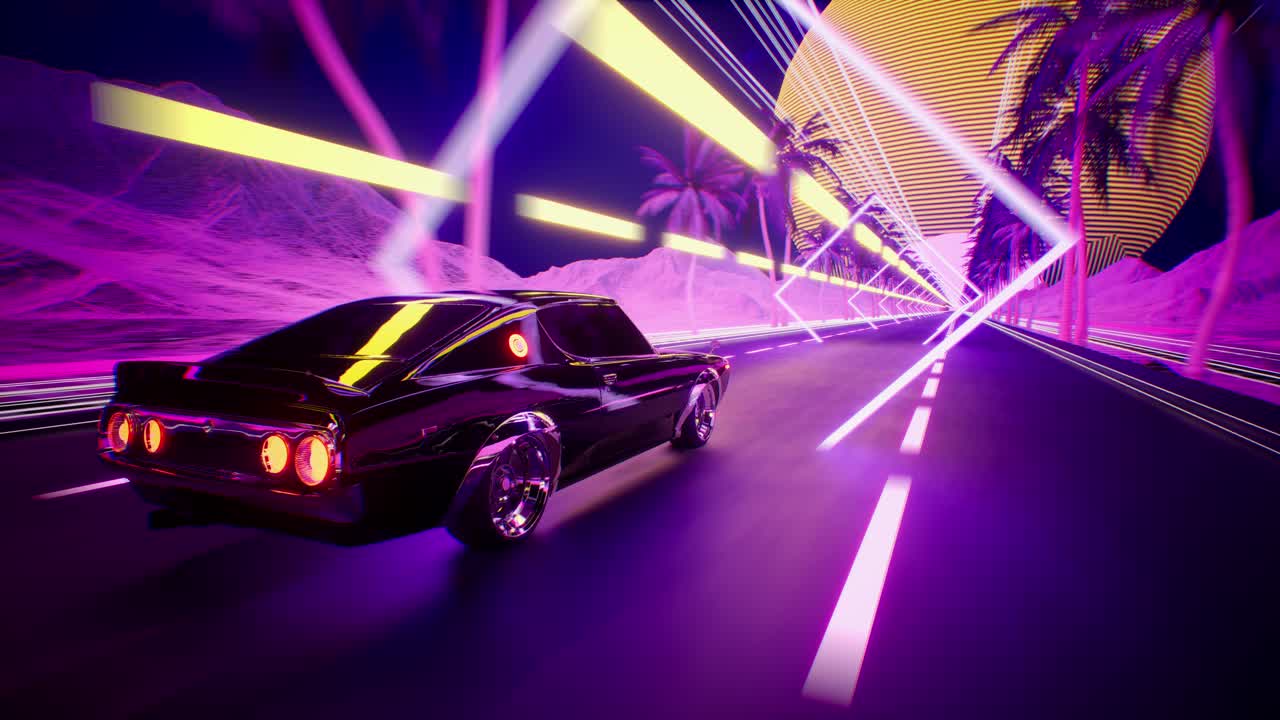 Car And City In Neon Style. 80S Retro Wave Background 3D Animation. Retro Futuristic Car Drive Through Neon City