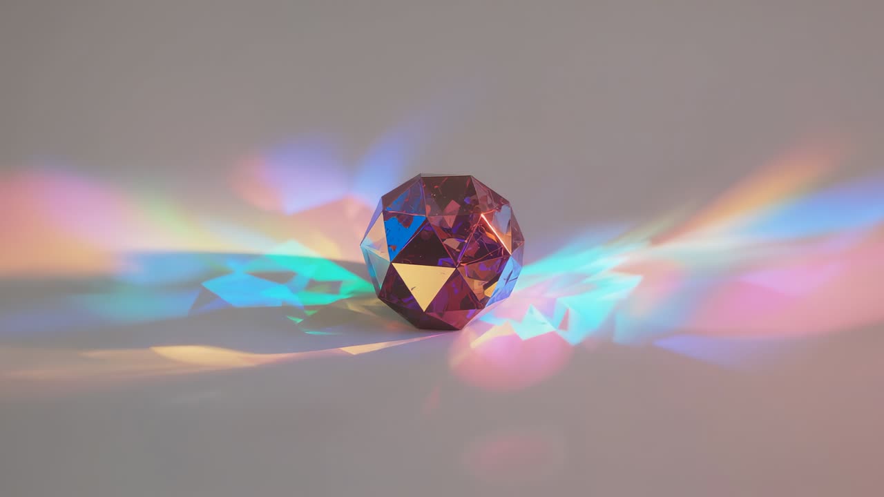Light beam entering faceted glass prism refracting colored rays in corner, with shifting gradients
