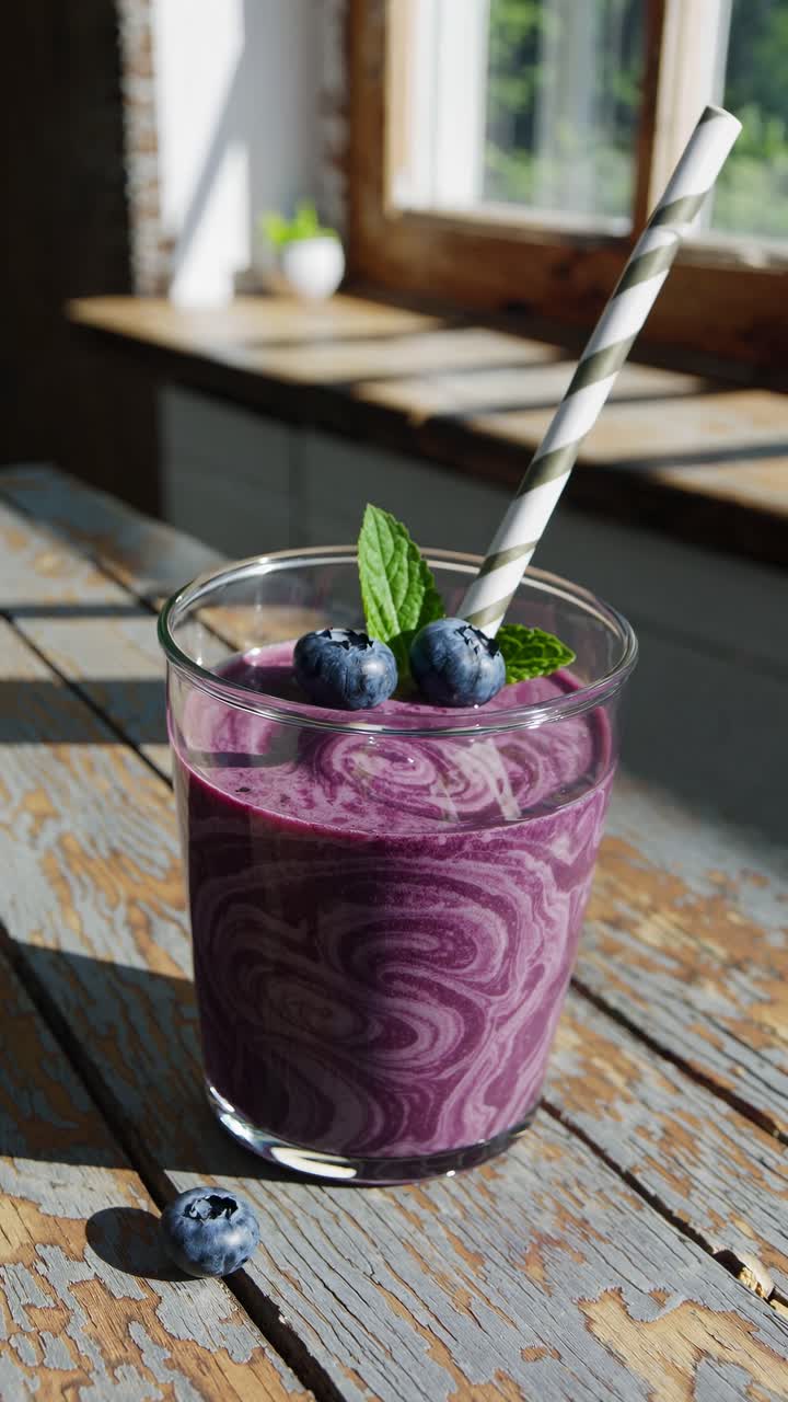 A close-up video still of a blueberry smoothie in a glass with a straw, topped with mint leaves