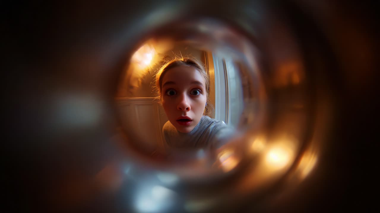 A Captivating Glimpse Through a Lens: A Young Girl's Expressions Captured in Two Frames, Showcasing Innocence and Curiosity from Both Angles in a Playful Moment