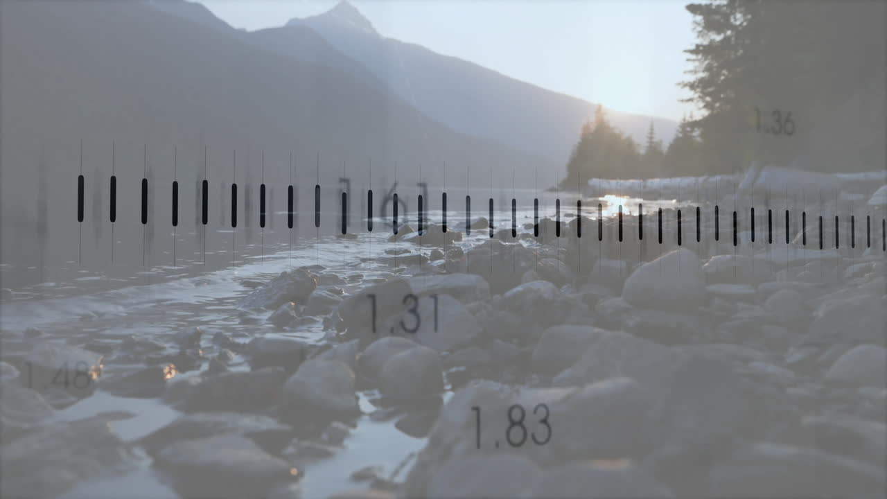 Rocky riverbank with measurement scale animation over scenic mountain landscape