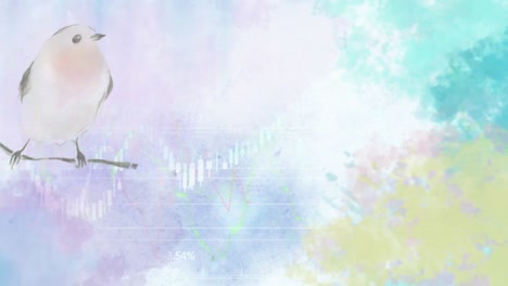 animación de la ilustración de un pájaro en la rama con gráficos sobre un fondo colorido