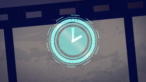 animación del escáner con la cara del reloj sobre redes de conexiones y tira de película