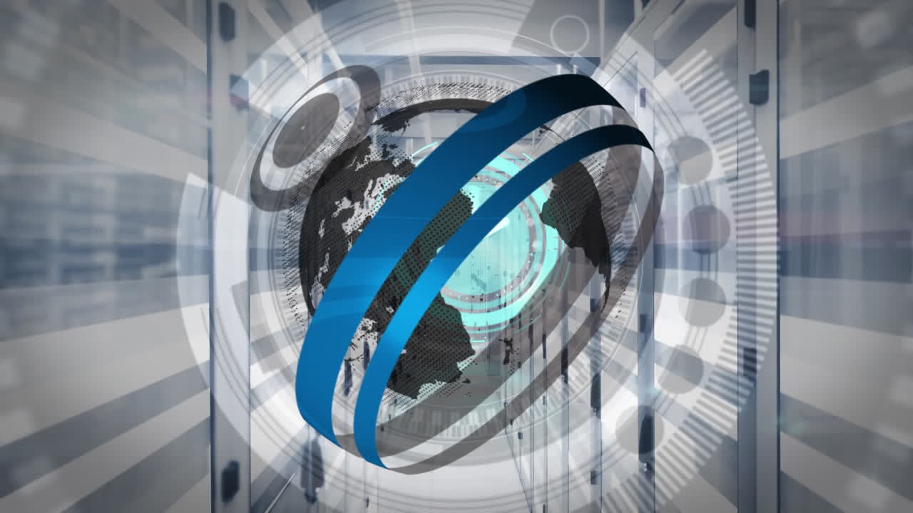 animación del globo, reloj que se mueve rápido y procesamiento de datos a través de servidores informáticos
