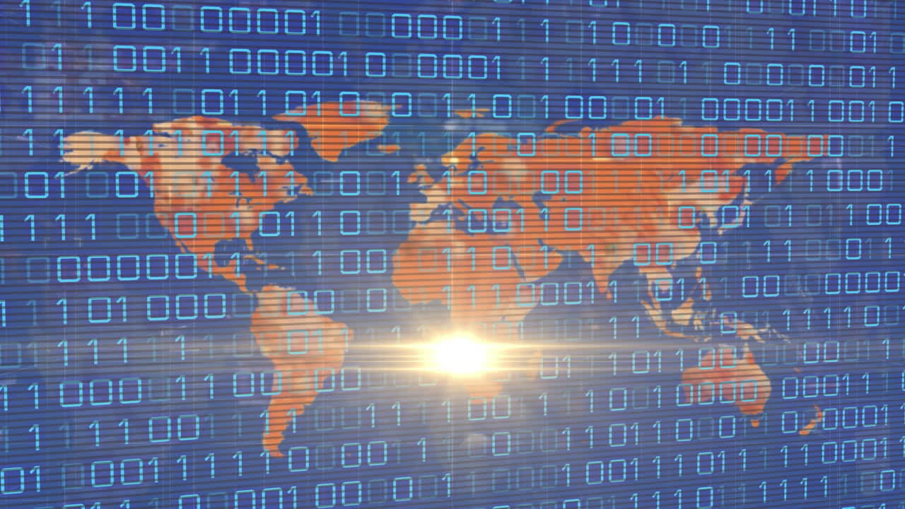 추상적인 배경에 대한 렌즈 플레어와 지도 위에 루핑 바이너리 코드의 애니메이션