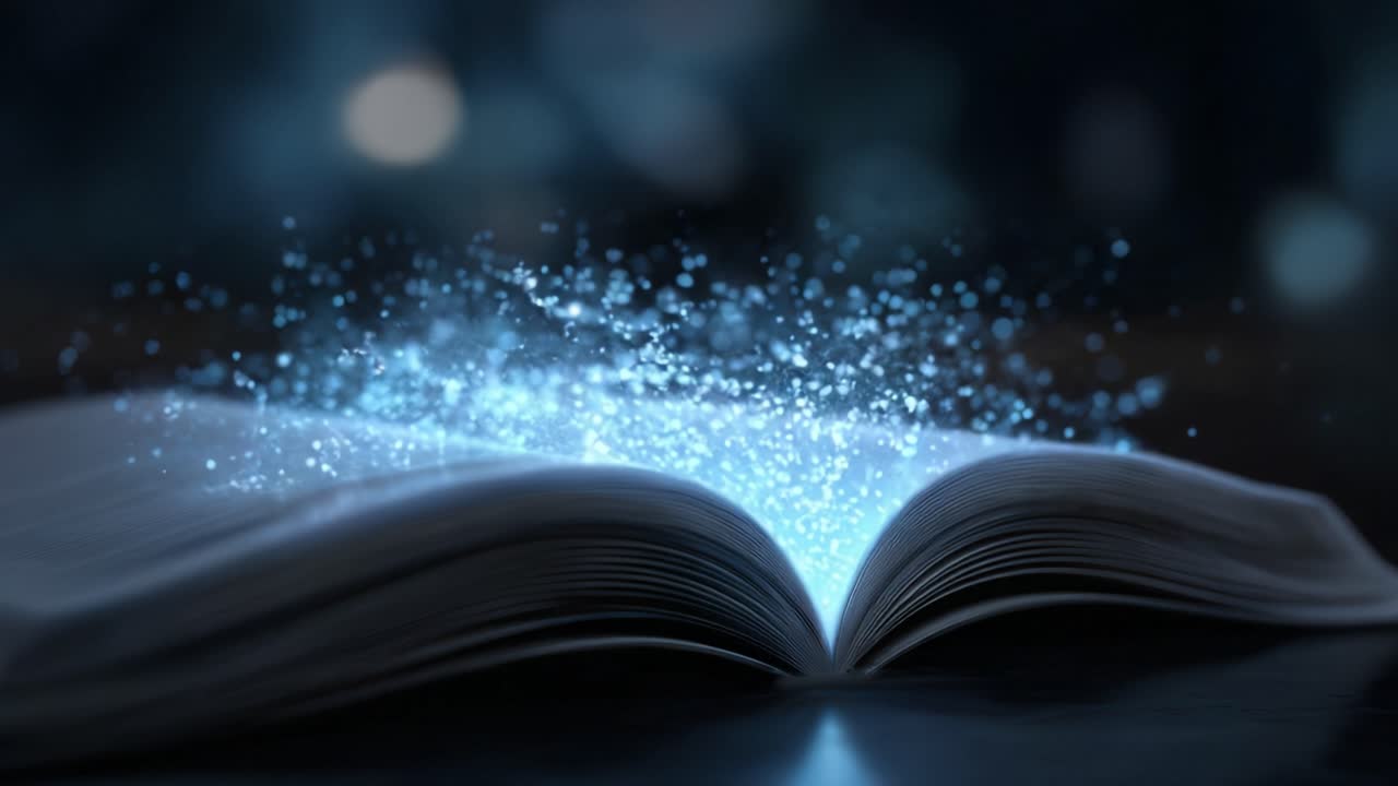 Un libro incantato con particelle scintillanti che si sollevano dalle sue pagine aperte, creando un'atmosfera magica in un ambiente scarsamente illuminato, pieno di mistero e meraviglia