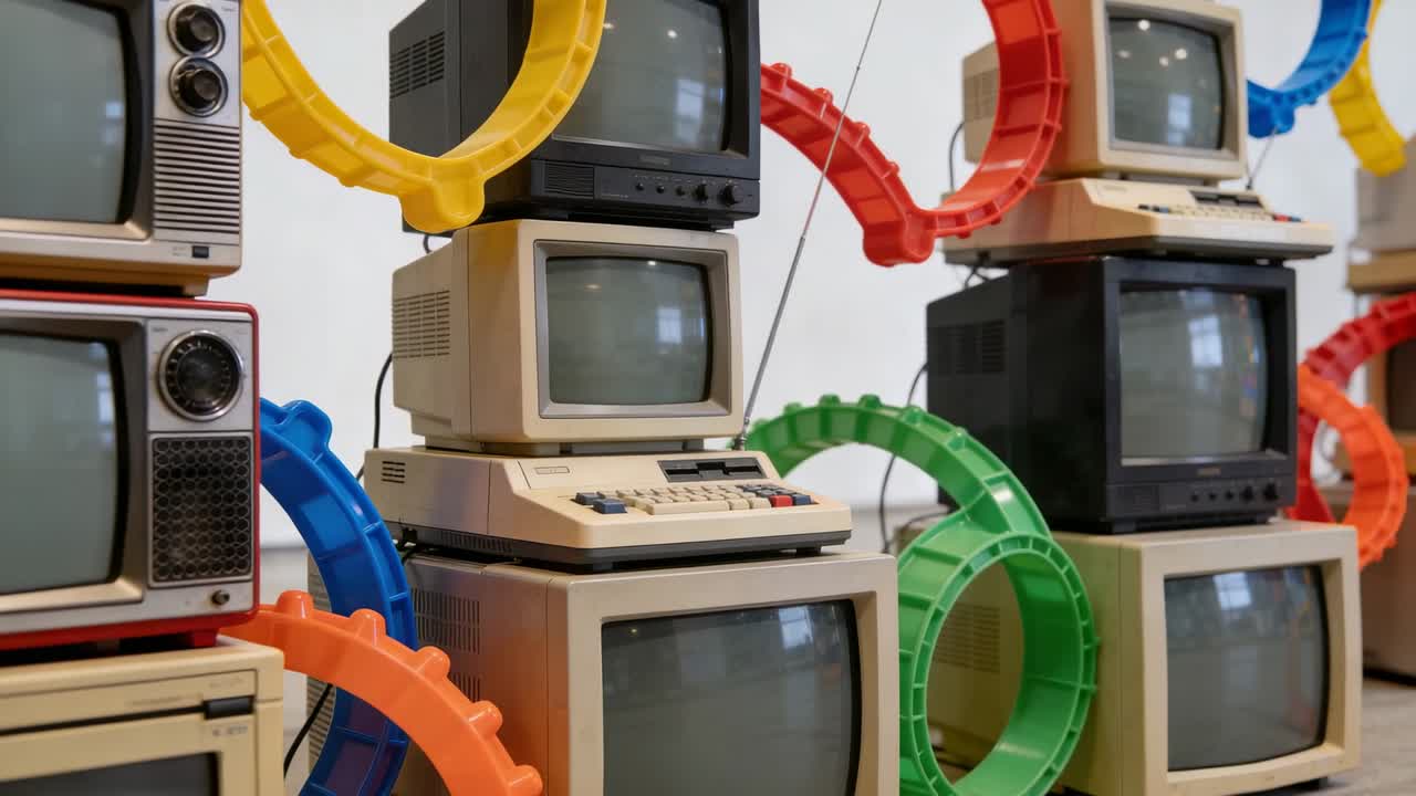 Starting camera panning through gallery, revealing vintage CRTs, home computer and colorful rings