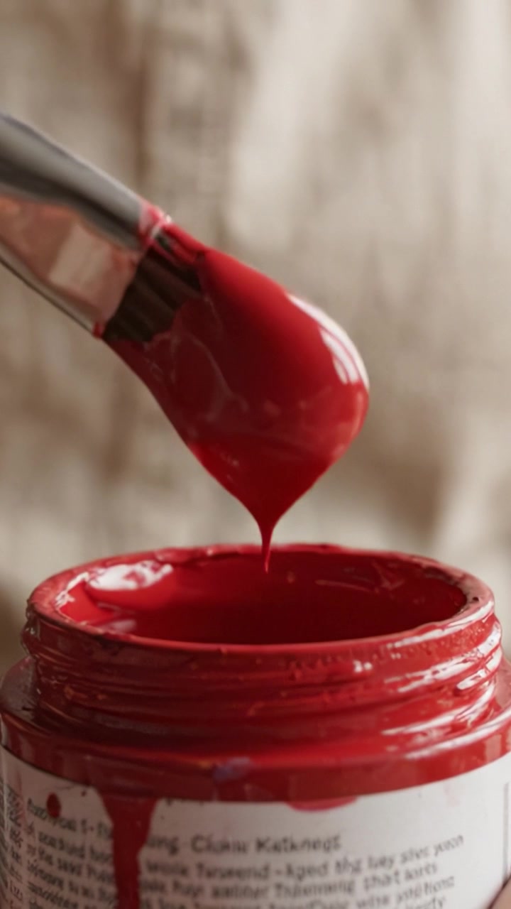 Esplorando la texture vivida e il colore della vernice rossa: una vista ravvicinata di un pennello e un barattolo che mostra gocciolamenti e una superficie lucida vibrante con dettagli mozzafiato