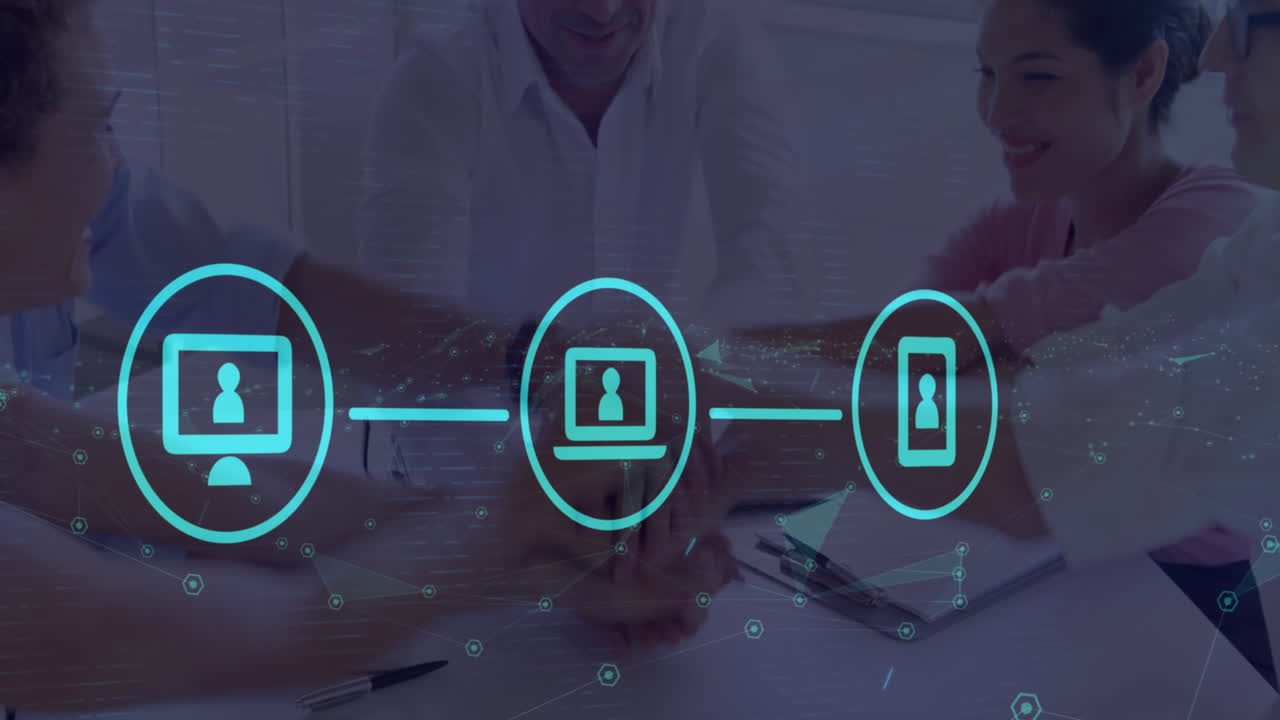 animación de una red de iconos digitales sobre diversos colegas que se juntan en la oficina