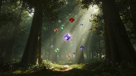 enchanting forest scene featuring floating gems illuminated by sunlight, surrounded by towering trees and vibrant greenery, creating a mystical atmosphere of wonder