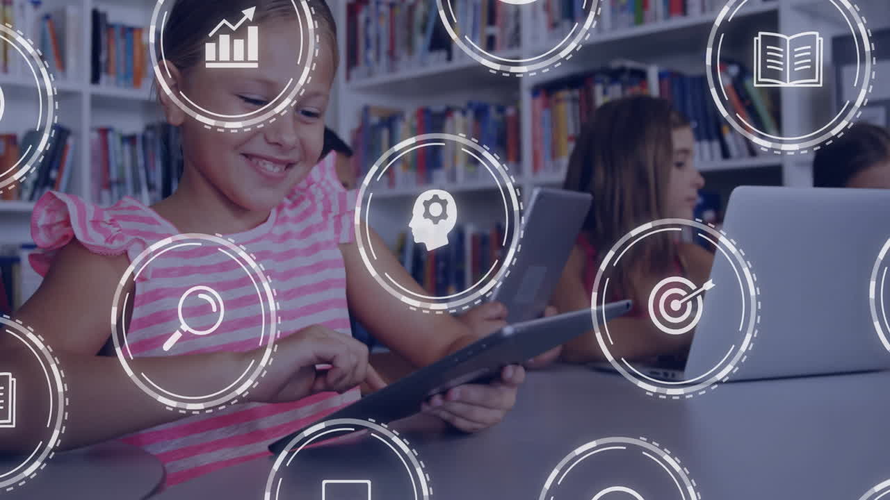 Children using tablets in library with educational icons overlay animation