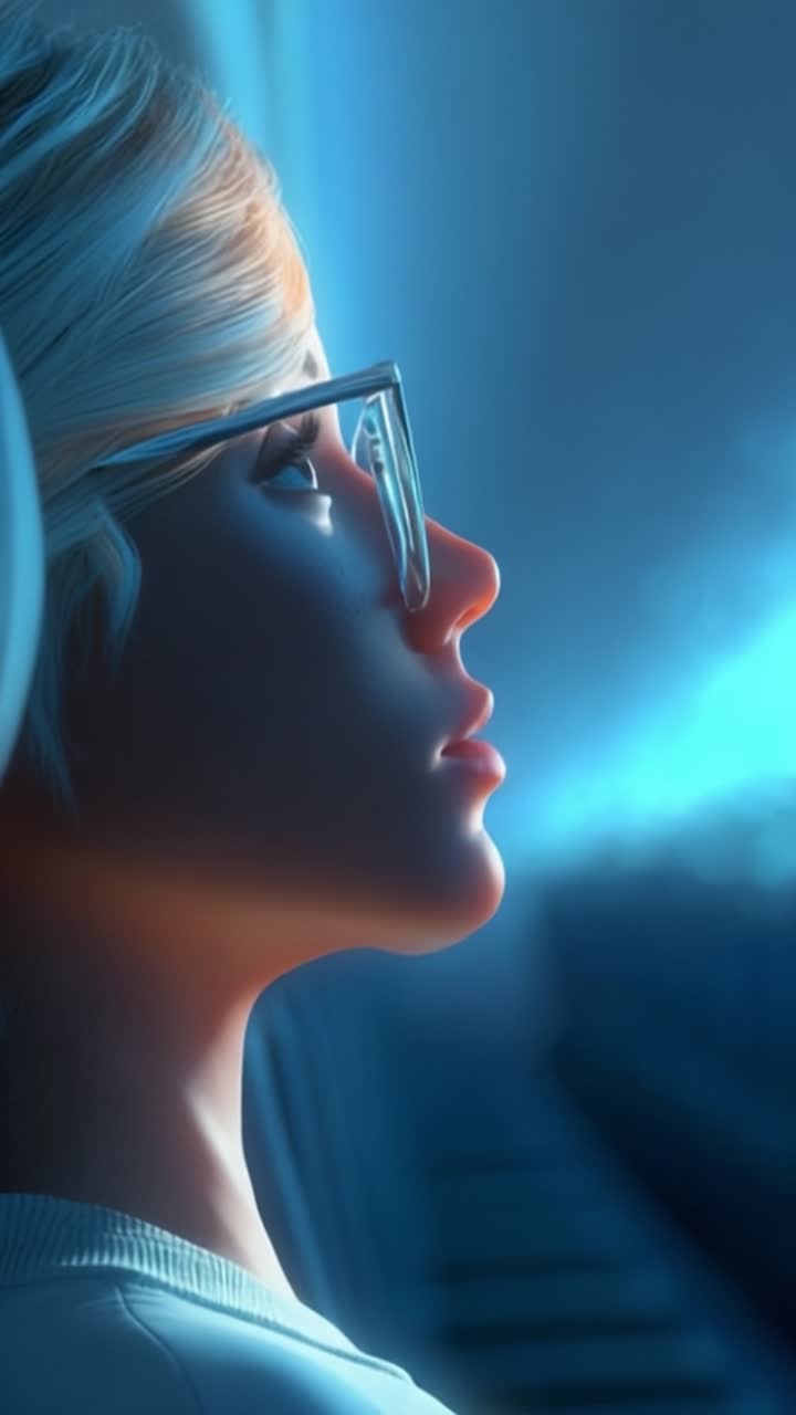 A Thoughtful Moment in Blue: A Side Profile of a Young Woman in Glasses, Lost in Contemplation with a Soft Glow of Light Reflecting Around Her