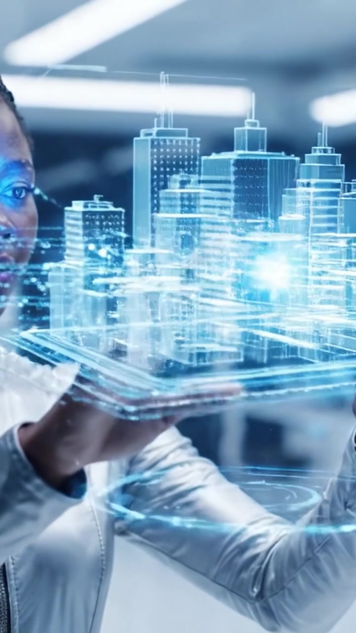A Futuristic Interaction Scene Showcasing a Person in a Sleek Silver Outfit Engaging with a Holographic Globe in a High-Tech Environment