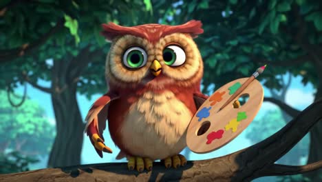a creative owl embracing art: a playful character with a colorful palette in a lush green forest setting, showcasing artistic inspiration and imagination.