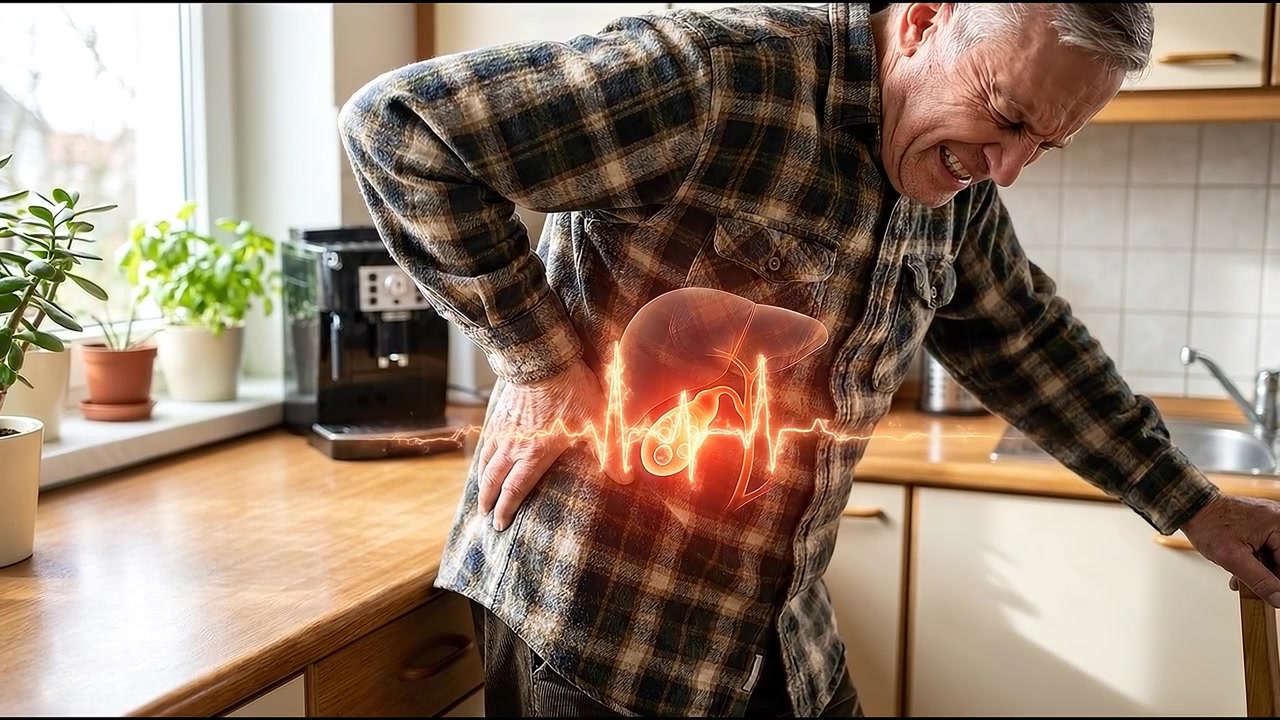 Senior Man Experiencing Abdominal Pain with Gallbladder Anatomy Overlay