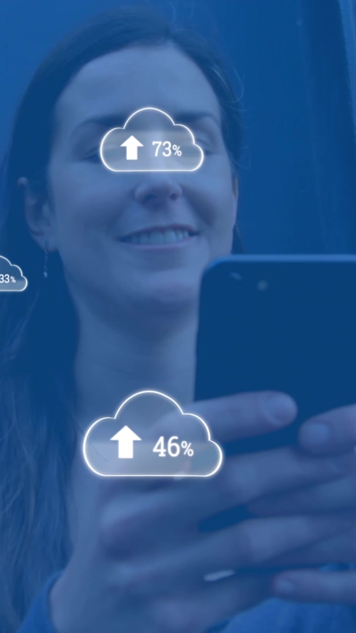 Animation of digital clouds with percent going up over woman using smartphone