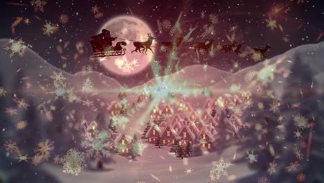 Animation-of-winter-scenery-with-houses-and-santa-claus-in-sleigh