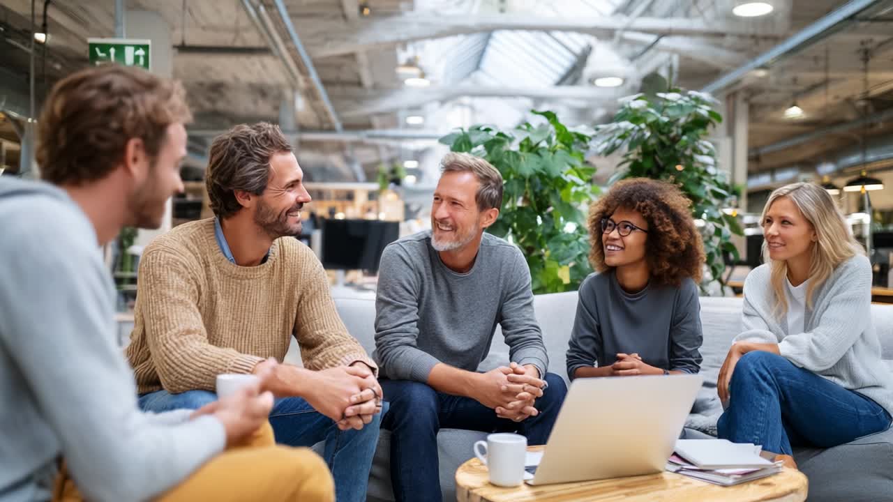 En gruppe på fem venner nyder en livlig samtale, mens de sidder i et moderne arbejdsområde, deler smil og latter, med en bærbar computer og kaffekopper på et træbord, omgivet af grønne planter og naturligt lys