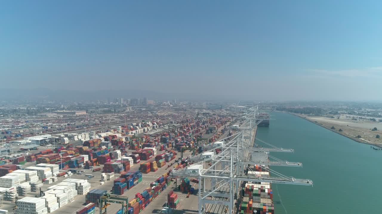 Aerial view of container ships and lifting cranes in the Port of Oakland California