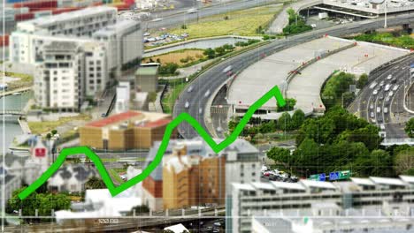 animation of green line and financial data processing over cityscape