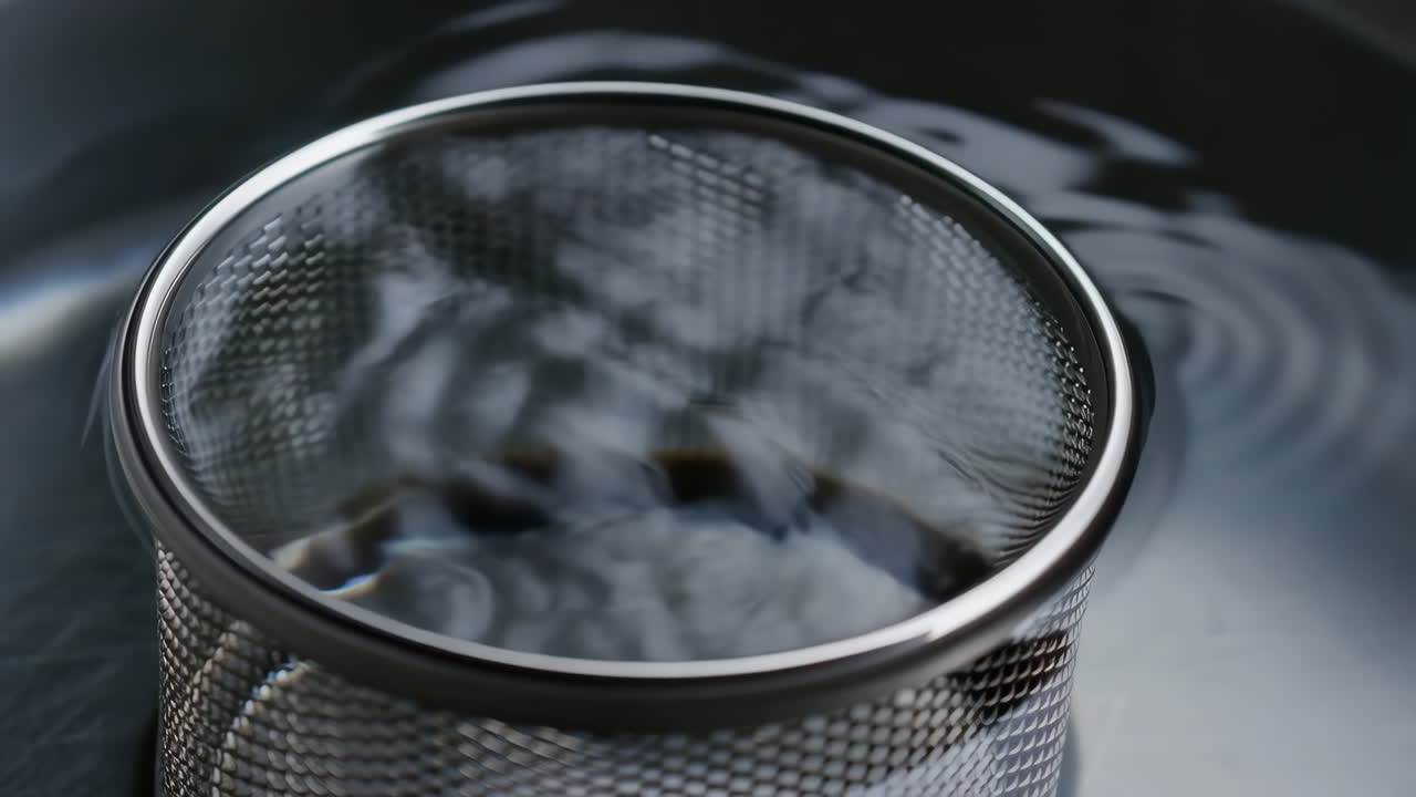 Metal mesh strainer submerged in water