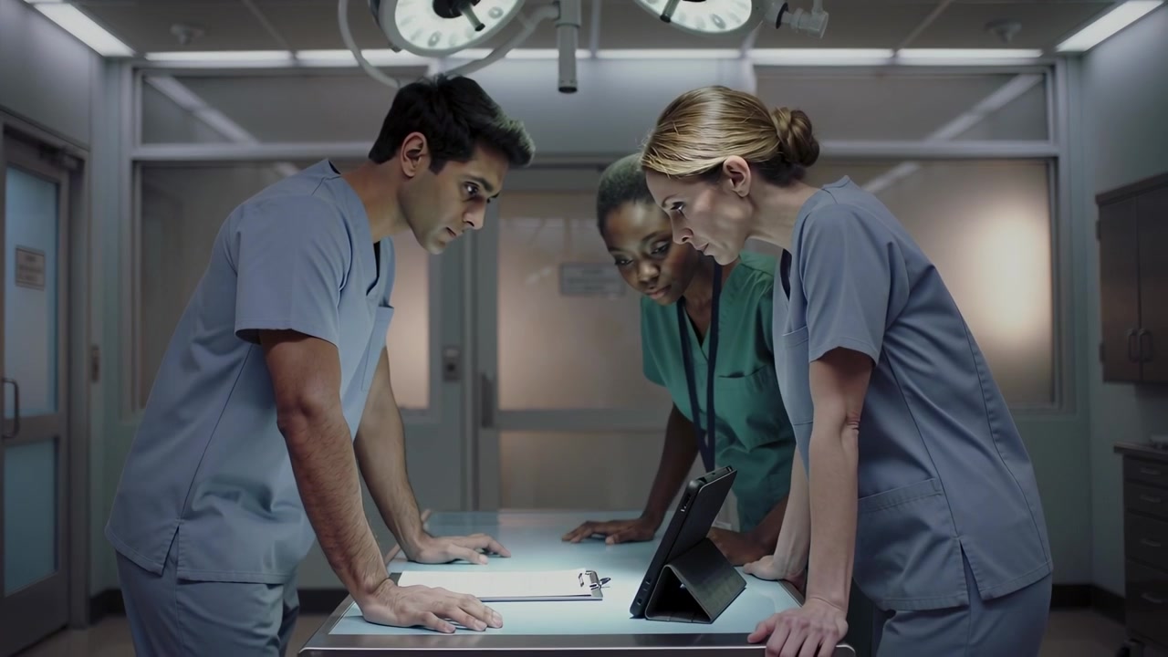 Equipe médica iniciando revisão de caso, manuseando prancheta e tablet em mesa de metal