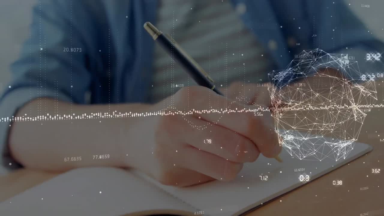 금융 데이터 처리의 애니메이션과 지구 위의 인간 글쓰기