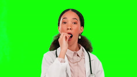 Doctor,-woman-and-cotton-swab-by-green-screen