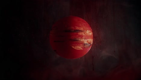 a rotating red planet spinning amidst a liquid-like structure, gradually ascending across various viewpoints, symbolizing the concept of emergence and transformation